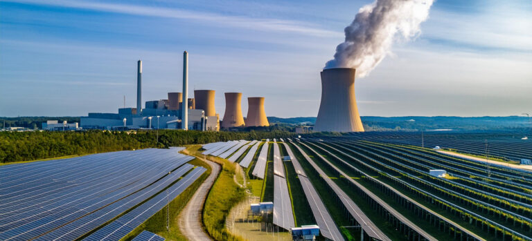 A drone shot of an operating coal plant surrounded by solar panels