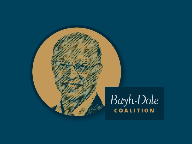 A stylized photo of Prof. Ashok Gadgil with the Bayh-Dole Coalition logo